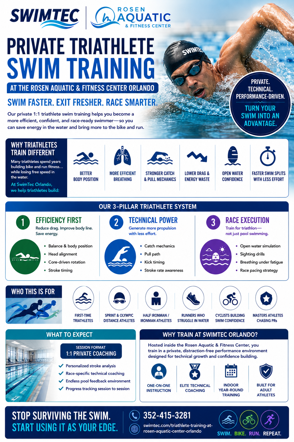 Triathlete swim training at Rosen Aquatic Center, Orlando FL
